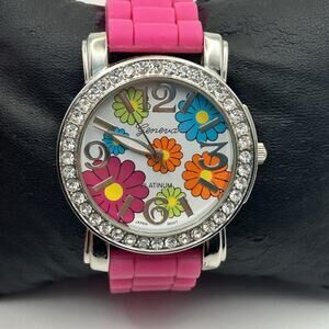 Geneva Platinum Ladies Watch Floral Face Rhinestone Bezel Pink Silicone Band